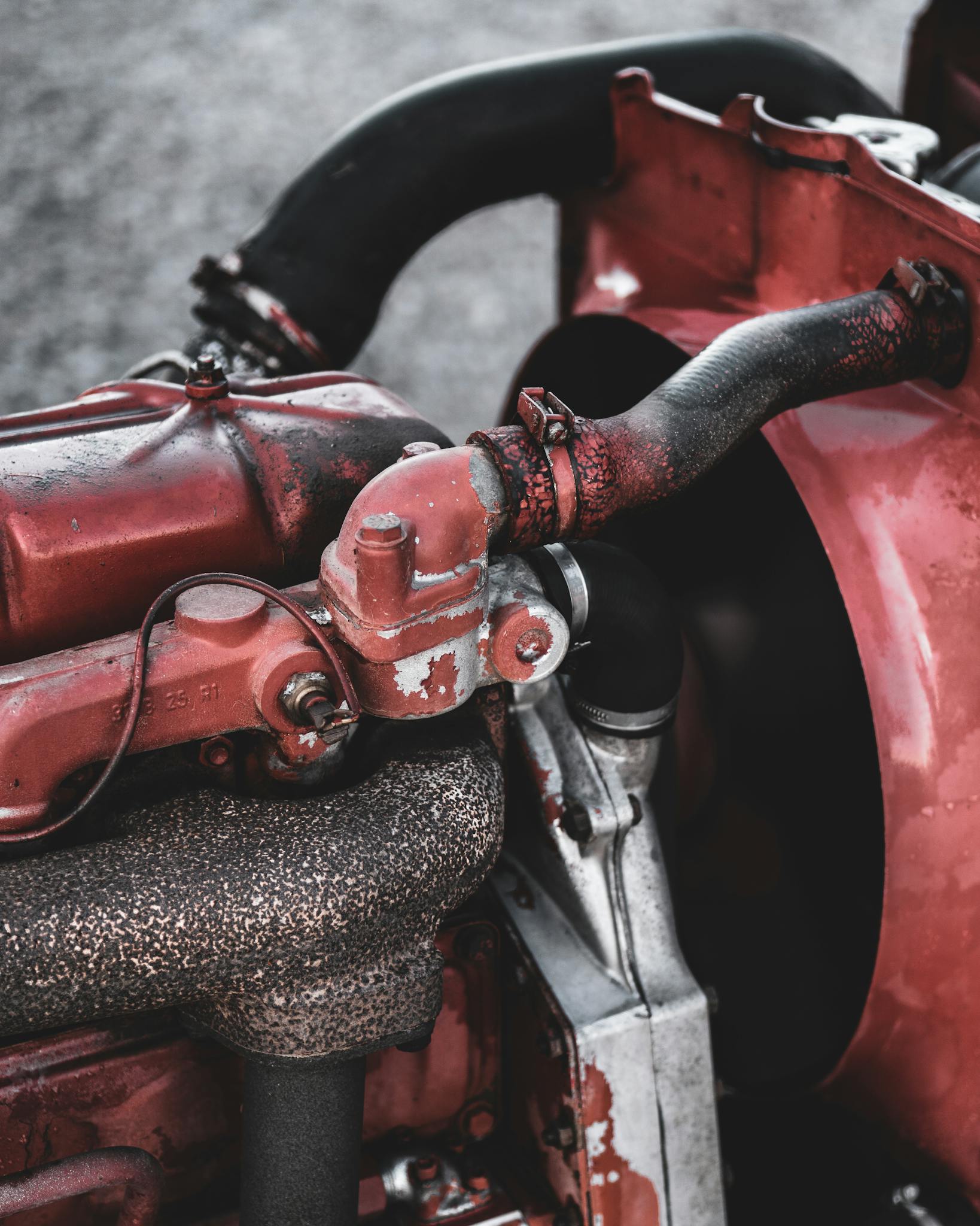 Detailed view of an old, weathered red metal engine with peeling paint and hoses.